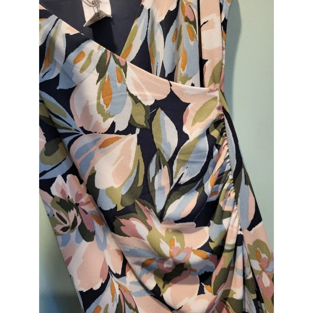 New Joie Sleeveless Blue Pink Floral Faux Wrap Midi Dress Sz M Ruched Stretch